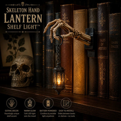 ⏳ Last Day 49% OFF – 💀 Skeleton Hand Lantern Bookshelf Light | Battery-Powered Gothic Shelf Décor with Warm Amber LED, Cord-Free Design & No-Tool Setup 🕯️