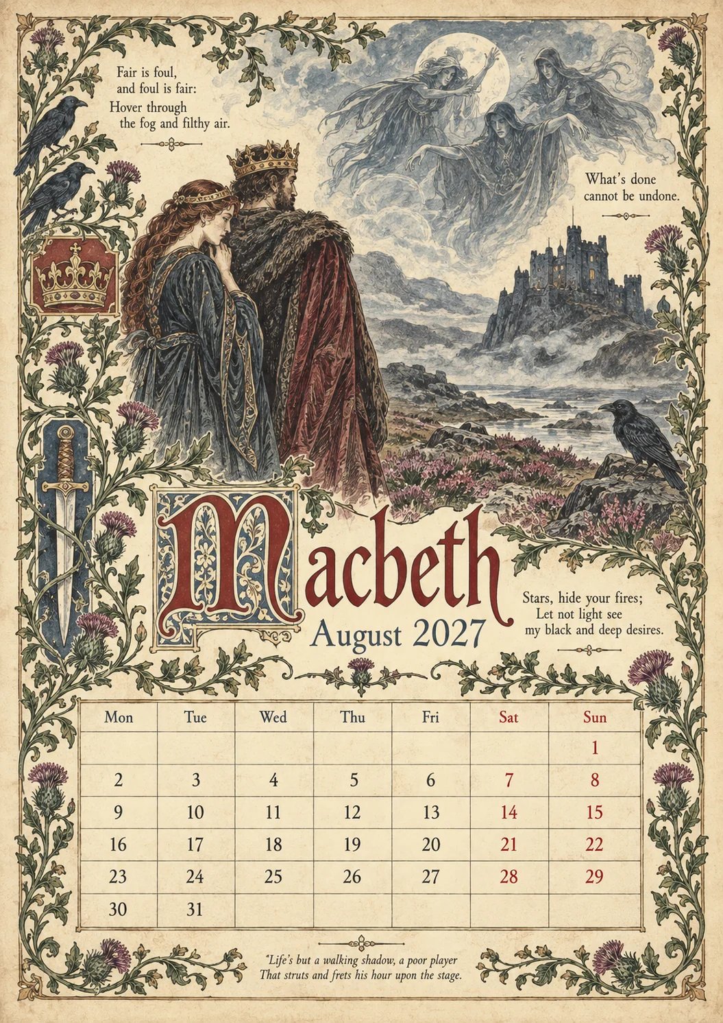 🗓️ A Vintage Literary Year 2027 – ✨ 12 Plays Through the Seasons | Vintage Illustrated Wall Calendar