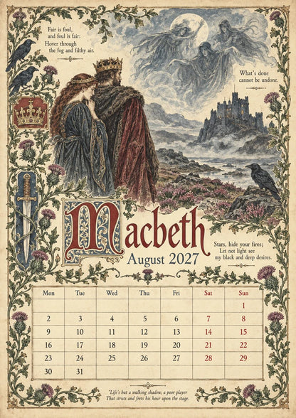 🗓️ A Vintage Literary Year 2027 – ✨ 12 Plays Through the Seasons | Vintage Illustrated Wall Calendar
