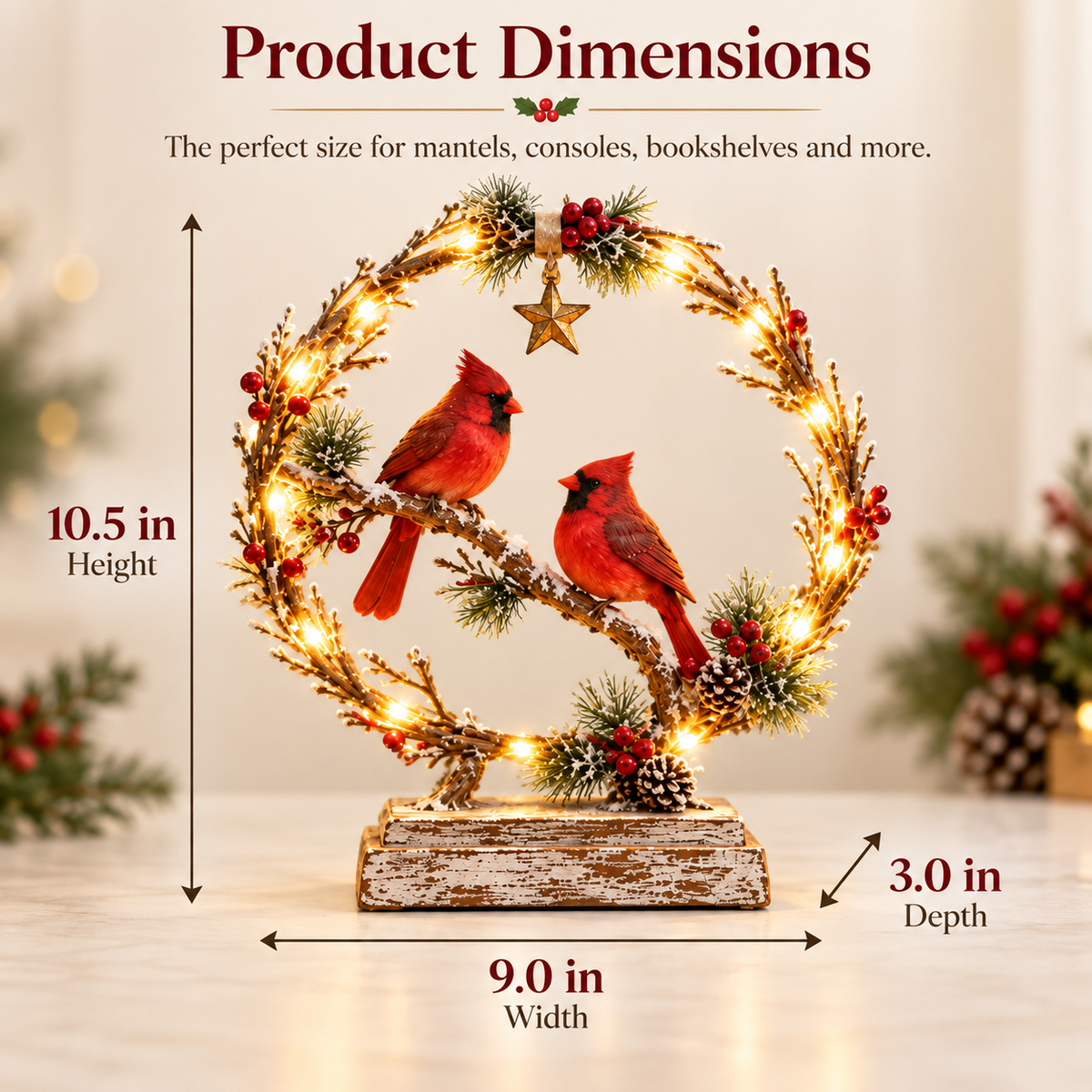Cardinal tabletop decoration dimensions 10.5 inches high 9 inches wide and 3 inches deep