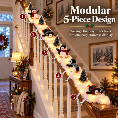 Playful Penguin Snowy Stair Railing Decor
