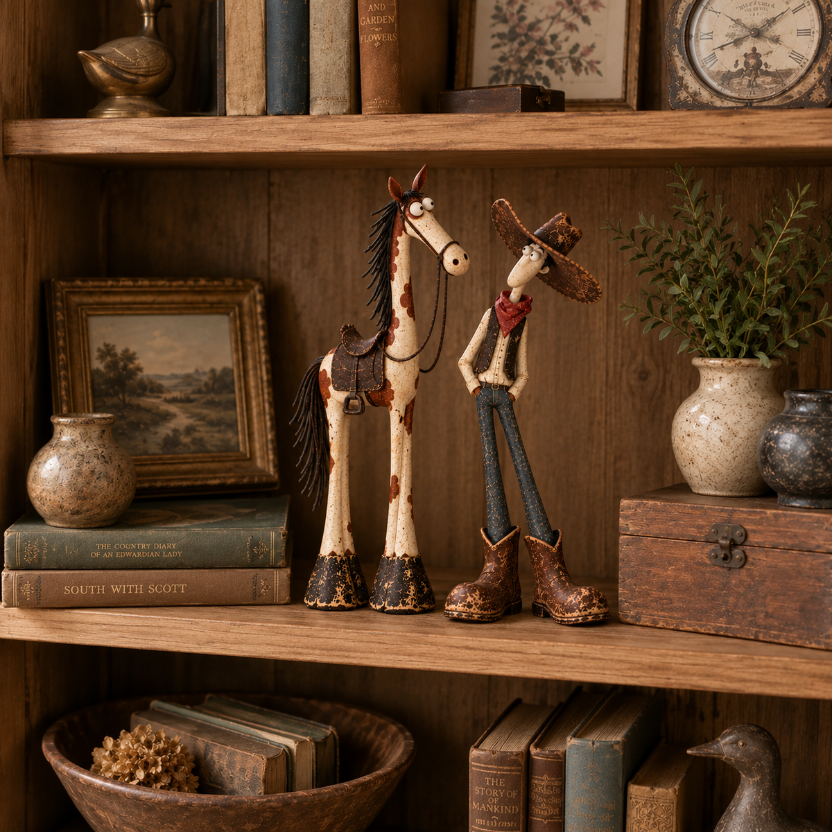 Western cowboy and horse figurines styled on bookshelf