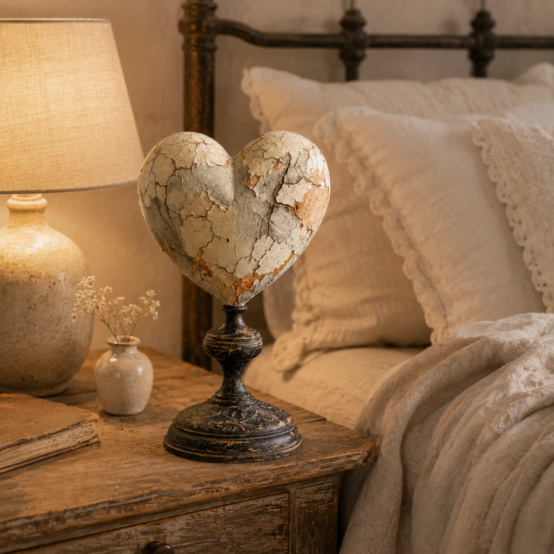 Vintage heart pedestal styled on a warm bedside table