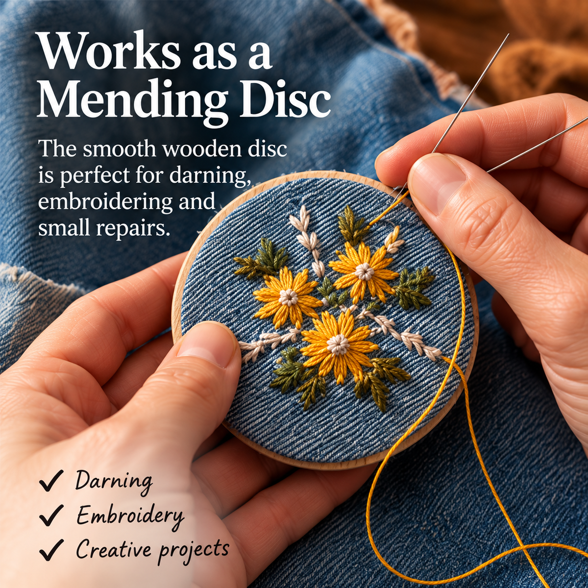 Wooden mending disc used for hand stitching
