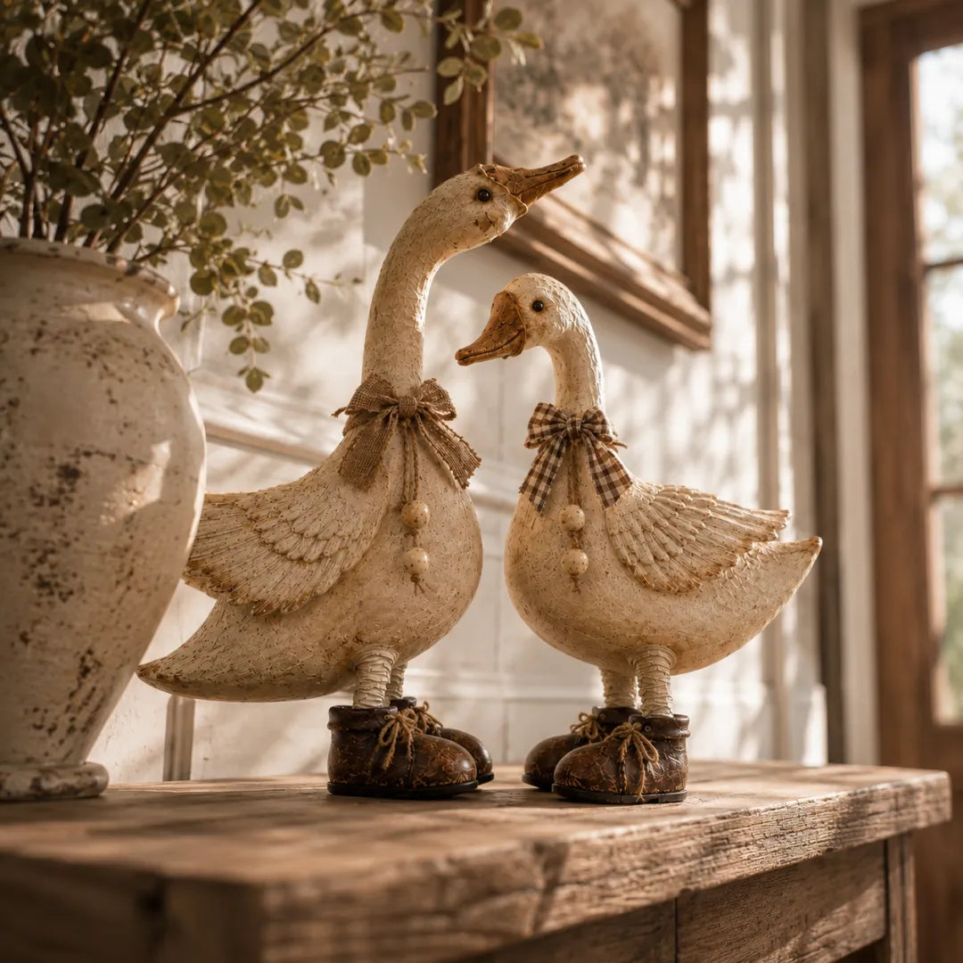 Charming Farmhouse Goose Pair with Vintage Boots