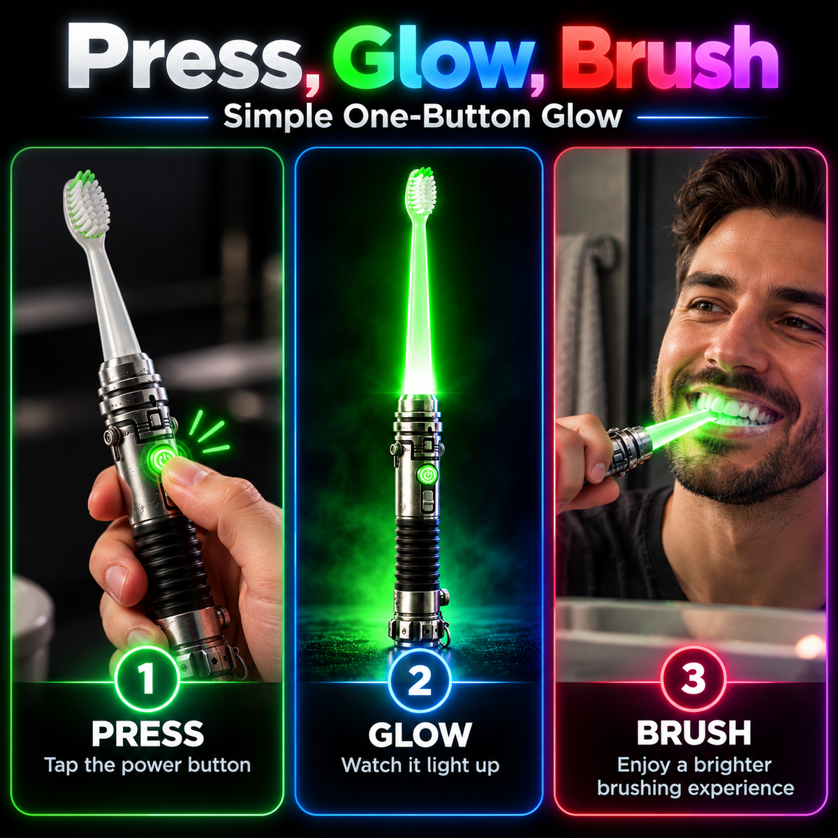 Press glow and brush instructions