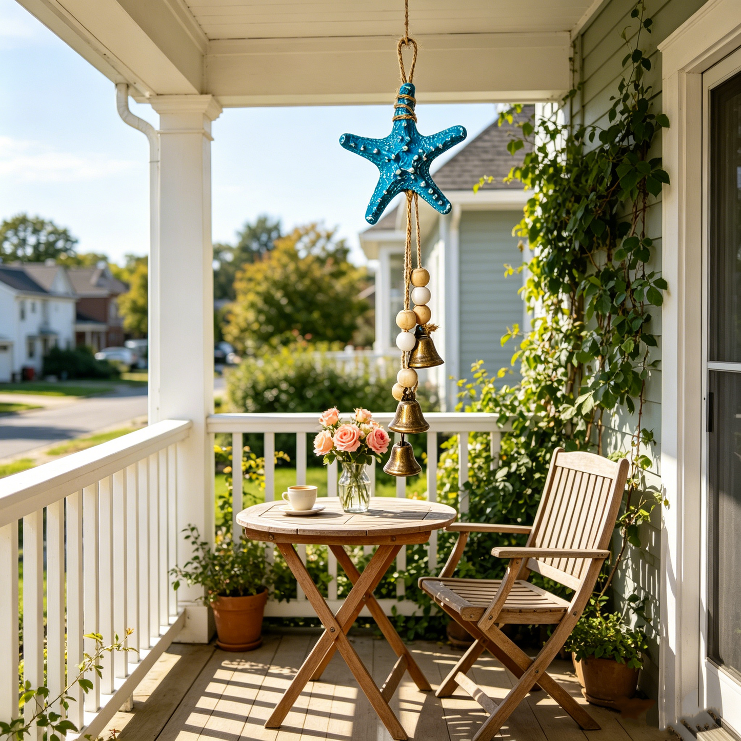 🌊⭐ Seaside Starfish Bell Chime – Rustic Coastal Hanging Decor with Natural Wood Beads