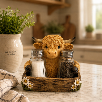 Highland Cow Salt & Pepper Shaker Set with Holder