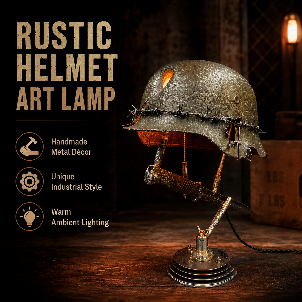 ⏰ 49% OFF Today Only!–🪖 War Relic Vintage Helmet Table Lamp