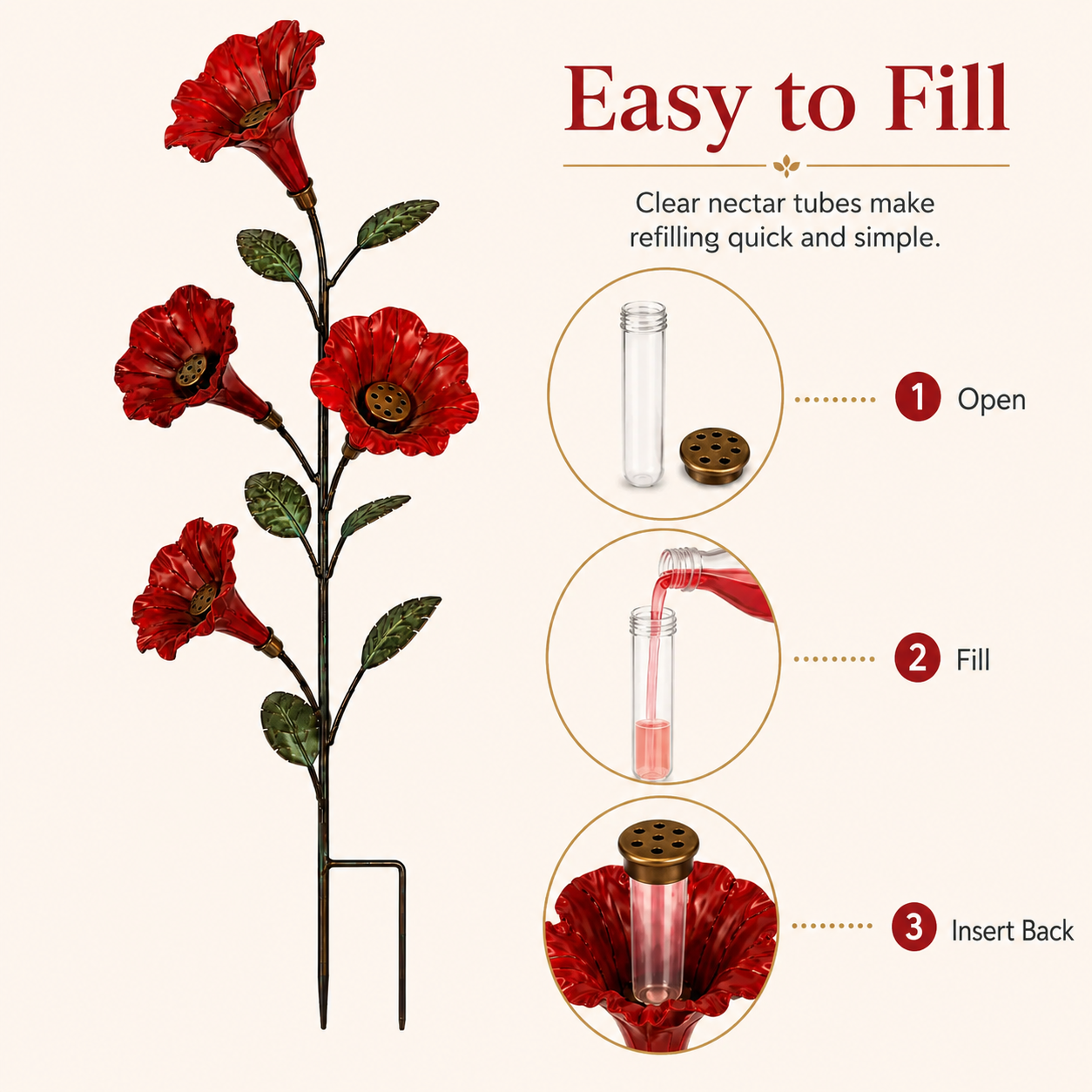 Easy to fill removable nectar tubes inside the flower hummingbird feeder
