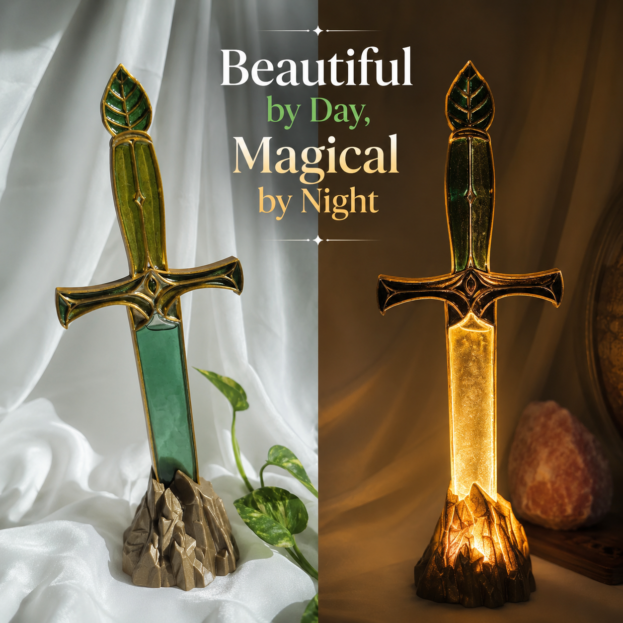 Fantasy sword decor shown by day and illuminated at night