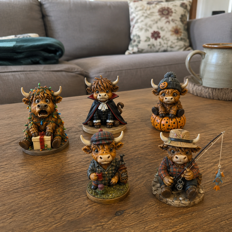 Highland cow figurines displayed on a coffee table