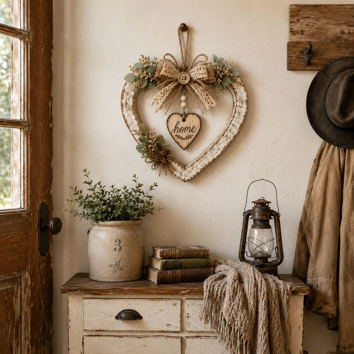 Rustic heart wreath in a farmhouse entryway