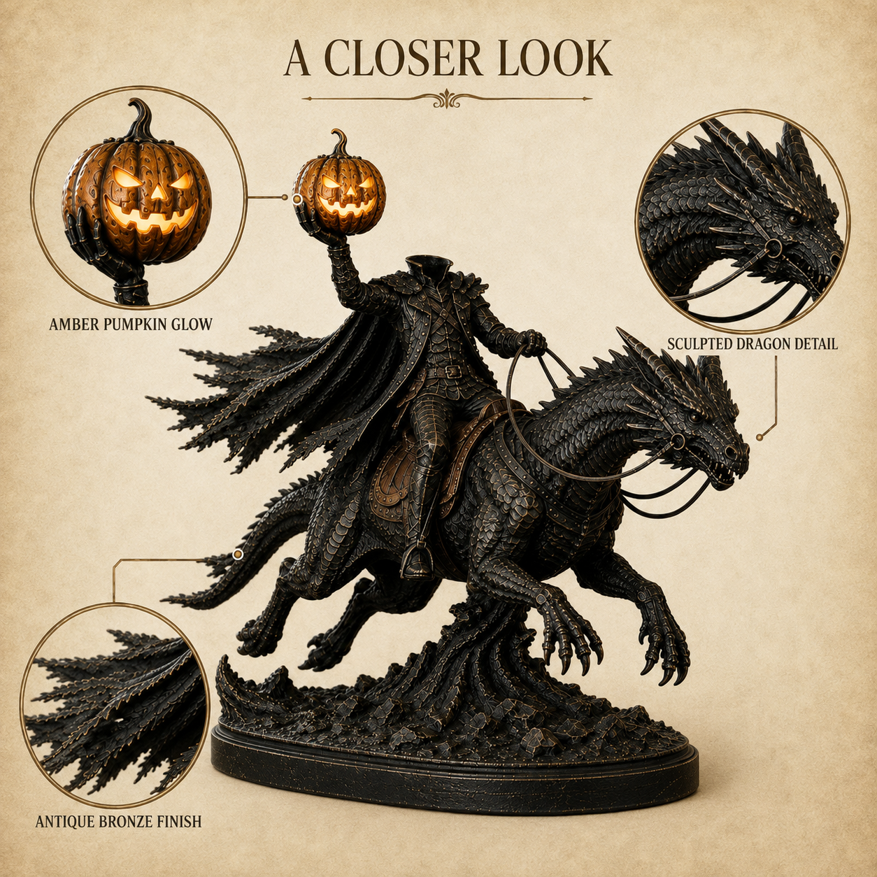 Light-Up Headless Horseman Dragon Statue with Timer – Gothic Halloween Decor