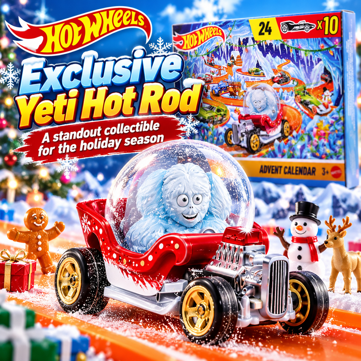 Winter-themed Yeti hot rod concept shown with seasonal toy figures