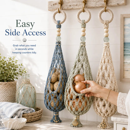 🌊 🥔 Coastal Hanging Produce Storage – Handwoven Breathable Organizer with Easy Side Access