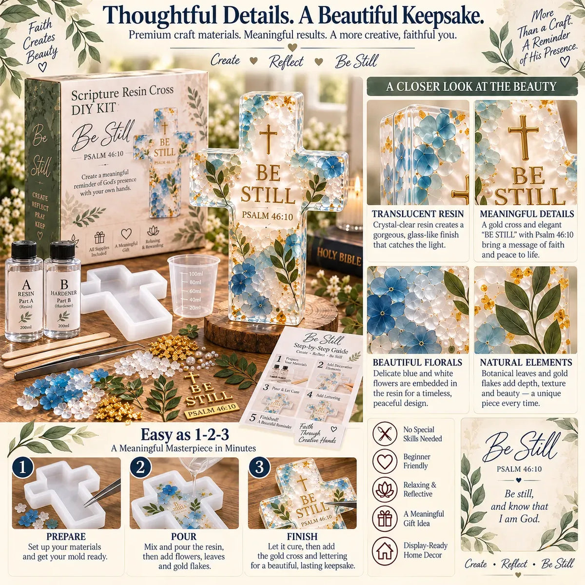 ✝️🌸 Faithful Floral Resin Cross Craft Set – Complete Beginner DIY Keepsake Kit
