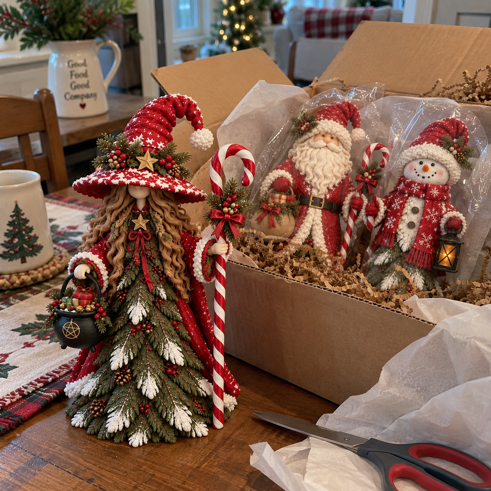 Customer holding Christmas witch figurine