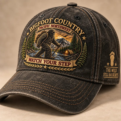 ⏳ Last Day 69% OFF – 🏕️ Bigfoot Country Heritage Cap | Vintage-Washed Embroidered Outdoor Hat with Adjustable Fit 🌲 (🧢100% Cotton)