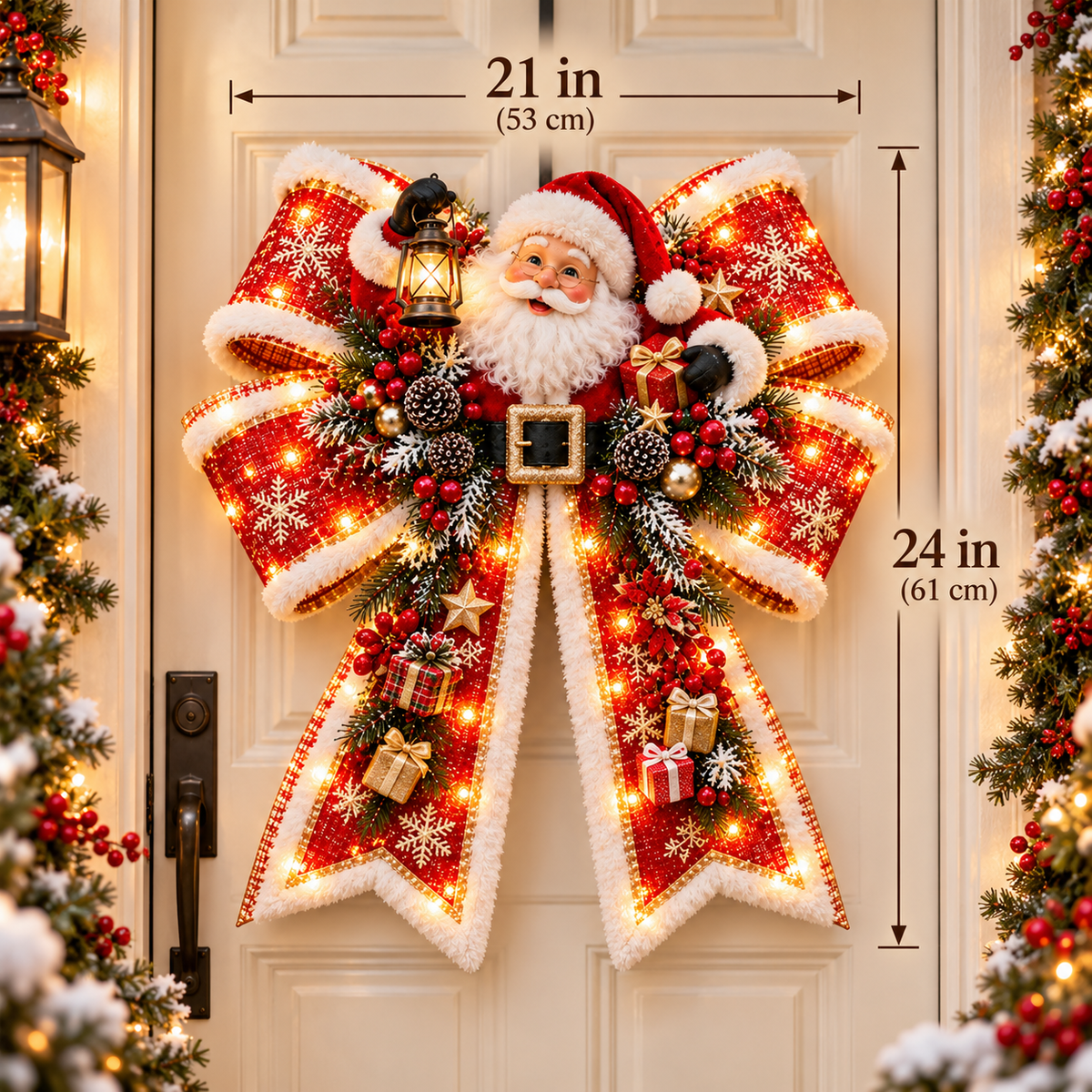 Santa bow illuminated with warm lights on a front door in the evening