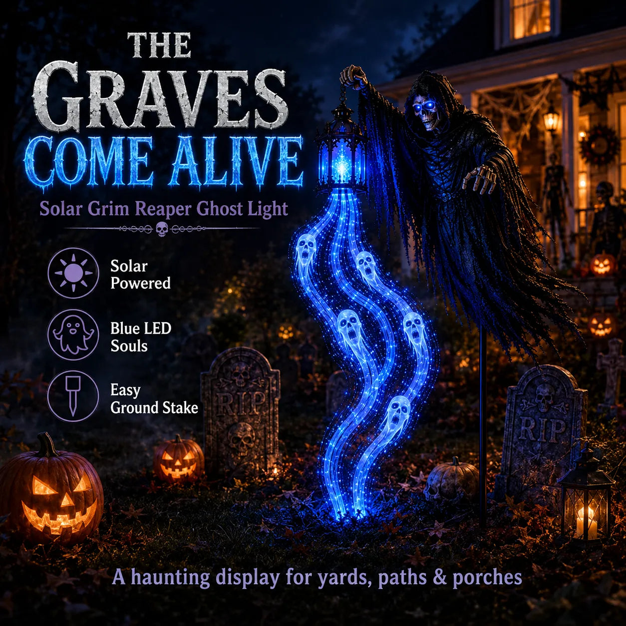 💀🔵 Solar Grim Reaper Yard Stake Light — Summon a Haunting Glow to Your Halloween Yard! 👻🏮