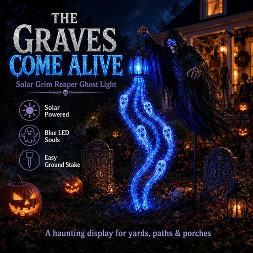 💀🔵 Solar Grim Reaper Yard Stake Light — Summon a Haunting Glow to Your Halloween Yard! 👻🏮