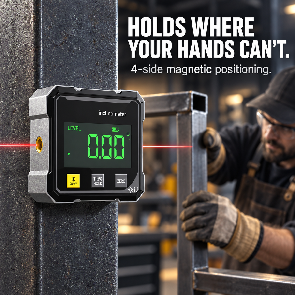 Four-side magnetic digital angle gauge attached to a vertical steel post