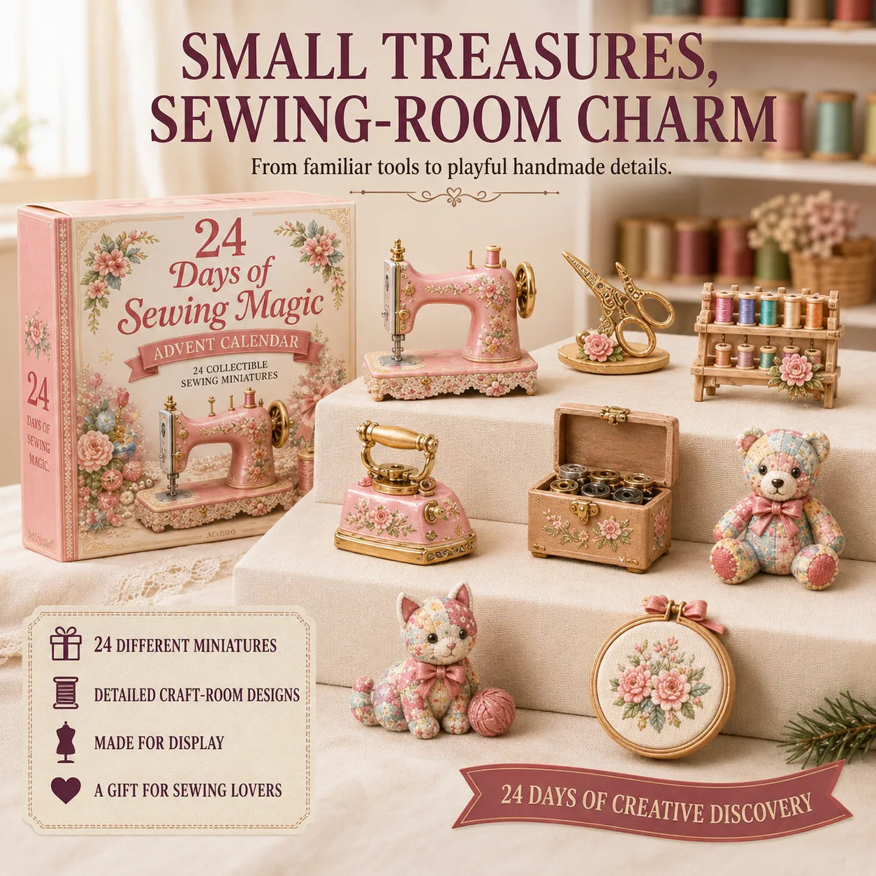 🧵24 Days Of Sewing Magic Advent Calendar | 24 Sewing-Inspired Miniatures for Craft Lovers, Quilters & Handmade Enthusiasts 🎁