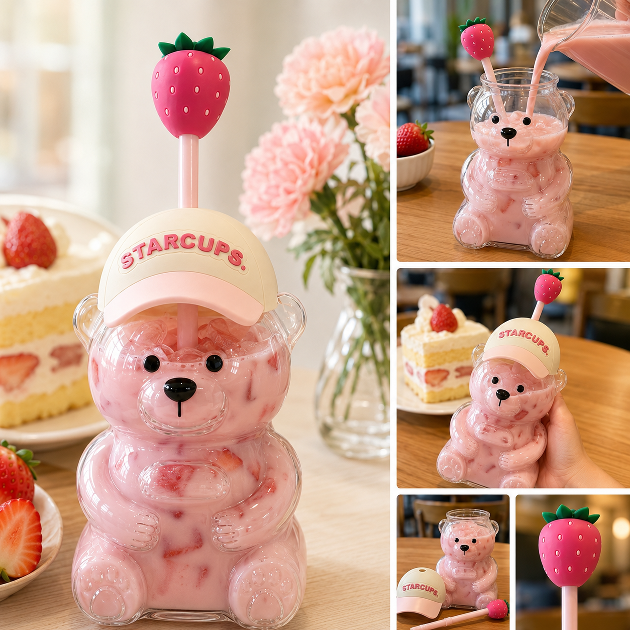 🔥 LAST DAY 55% OFF🐻Cute Teddy Bear Glass Tumbler with Bear Lid & Strawberry Straw – 20oz Reusable Cup