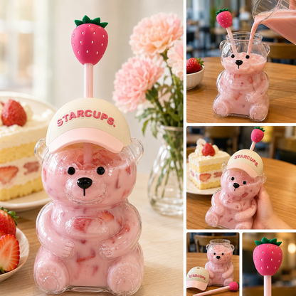 🔥 LAST DAY 55% OFF🐻Cute Teddy Bear Glass Tumbler with Bear Lid & Strawberry Straw – 20oz Reusable Cup