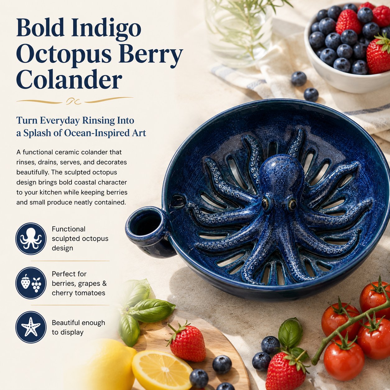 Bold Indigo Octopus Berry Colander