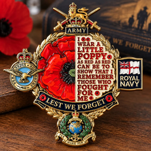 🎖️British Armed Forces “Lest We Forget” Remembrance Poppy Badge | 3.5-Inch 3D Metal Tribute with Army, Navy, RAF & Royal Marines-Inspired Details