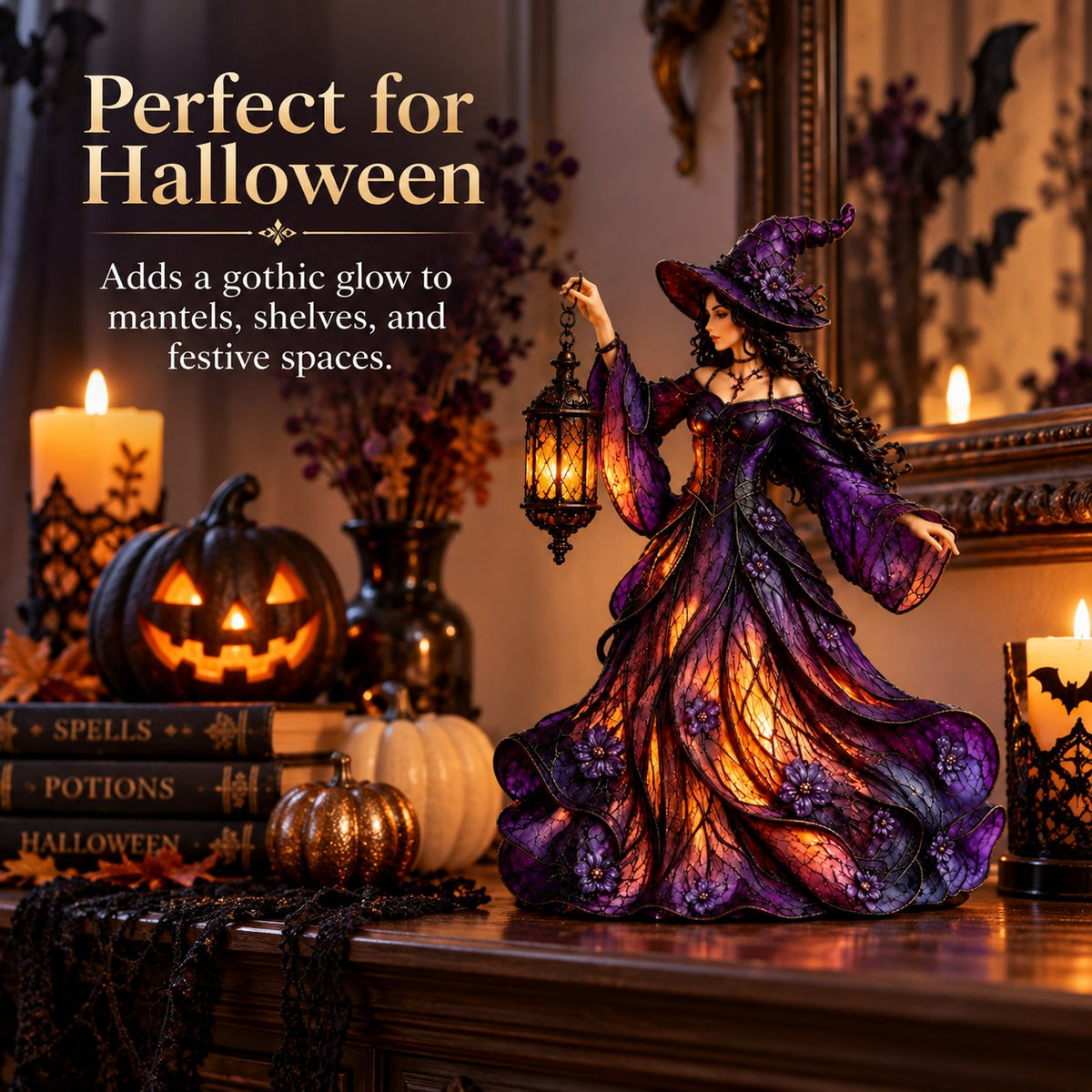 🧙‍♀️ Gotische Halloween-Hexenfigur mit LED-Laterne