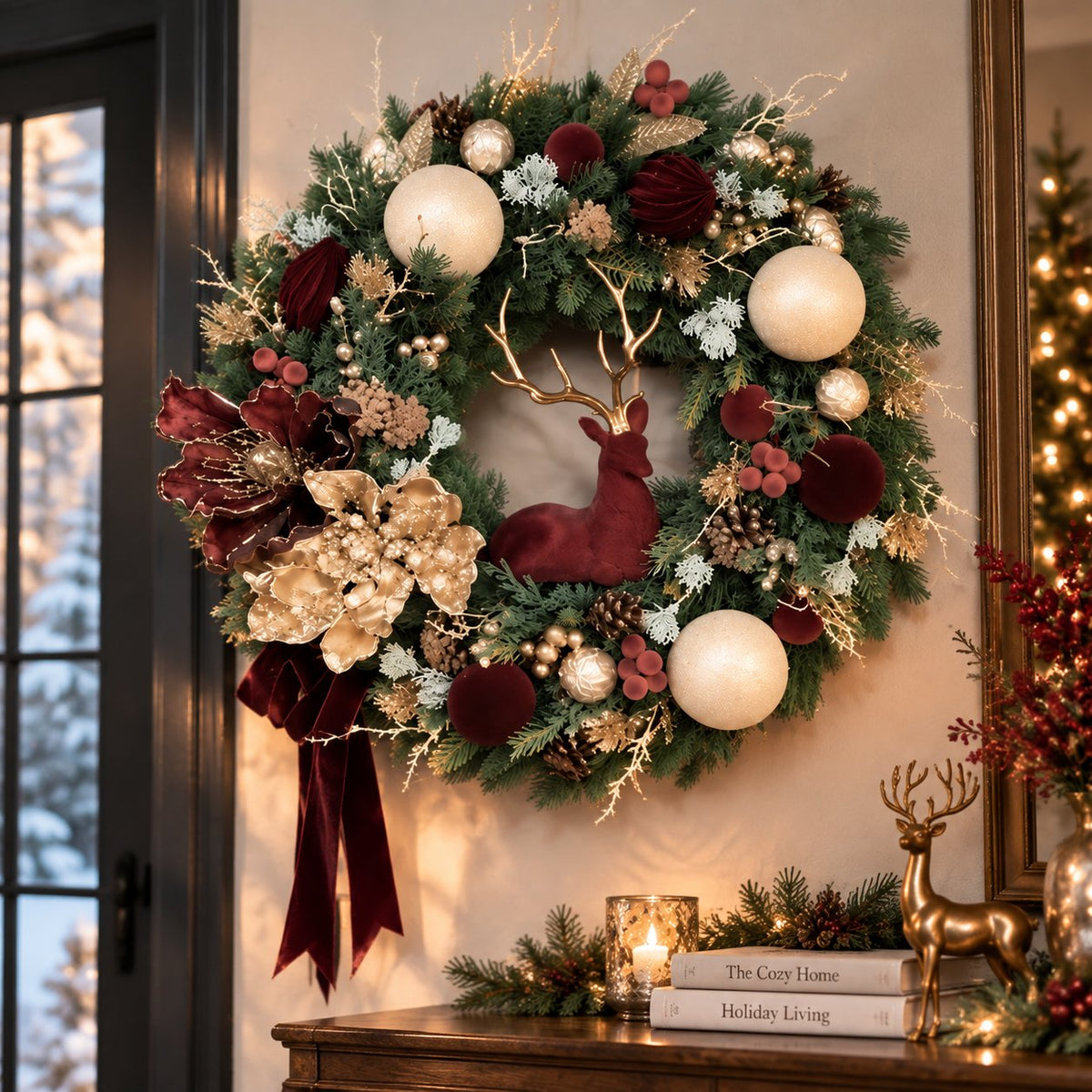 Luxury Velvet Fawn & Gold Accent Christmas Wreath