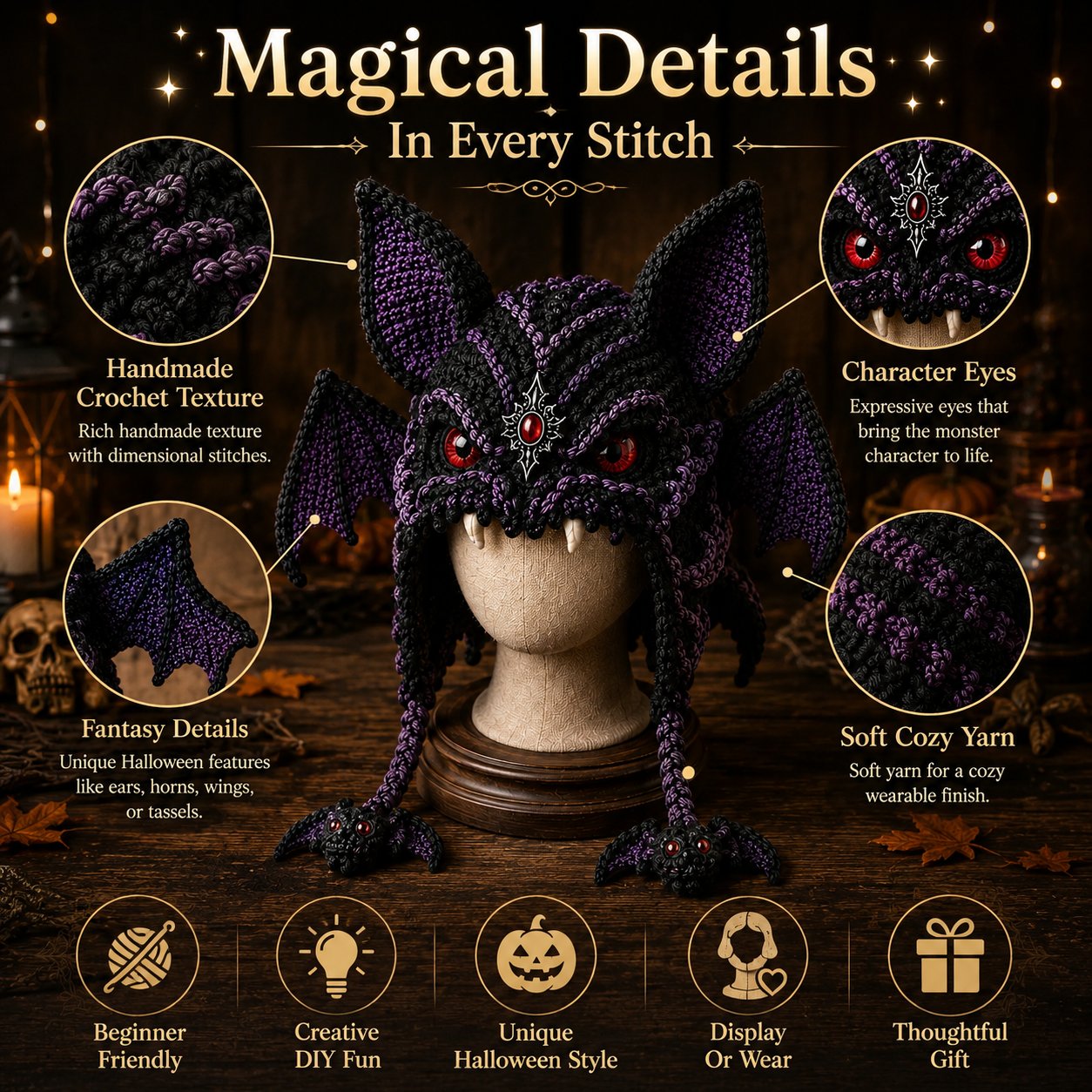 🎭🎃 Halloween Monster Hood DIY Crochet Kit | Premium Soft Yarn Materials with Step-by-Step Guide DIY Handmade Wearable Character Hood 🧶✨