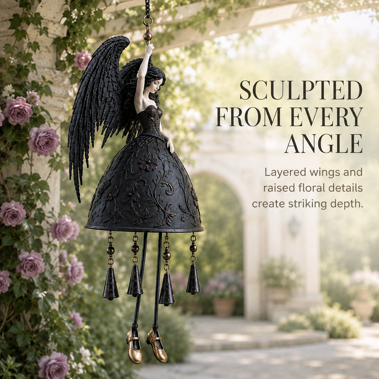 🖤 Dark Angel Gothic Wind Chime – Enchanting Outdoor Garden Hanging Decor