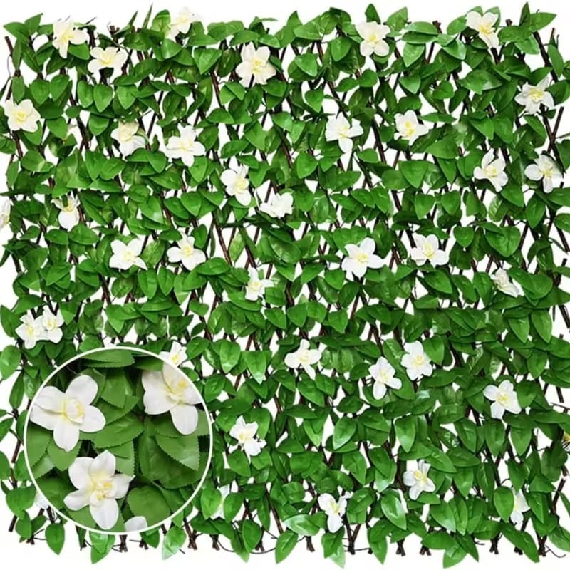🔥HOT SALE🔥Extendable Simulation Rattan Fence with White Flowers Decorating Green Leaves, Stretchable Folding Design, Privacy Shielding Courtyard Balcony Walls, Artificial Green Plants