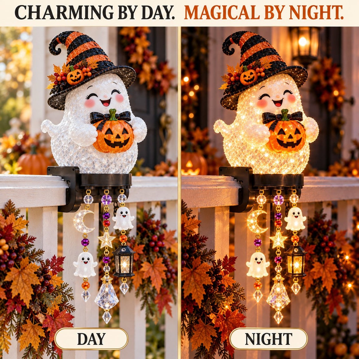 🎃 Halloween-Kaskadenlichter für Veranda & Geländer – Kürbis, Hexe, Geist & schwarze Katze