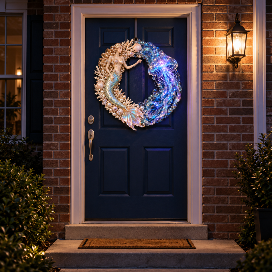 Detailed coastal wreath with mermaid and translucent jellyfish