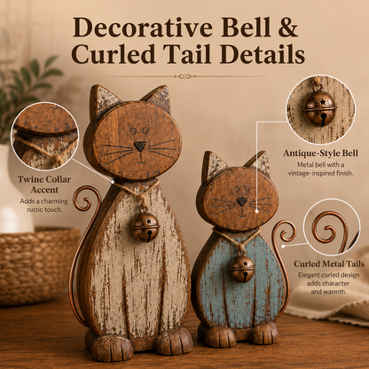 Rustic Wooden Cat Figurines Set of 2