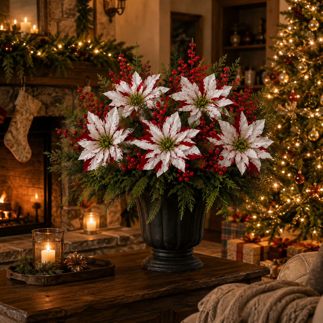 Christmas Poinsettia Planter Inserts – Set of 6 Red & White Holiday Floral Picks