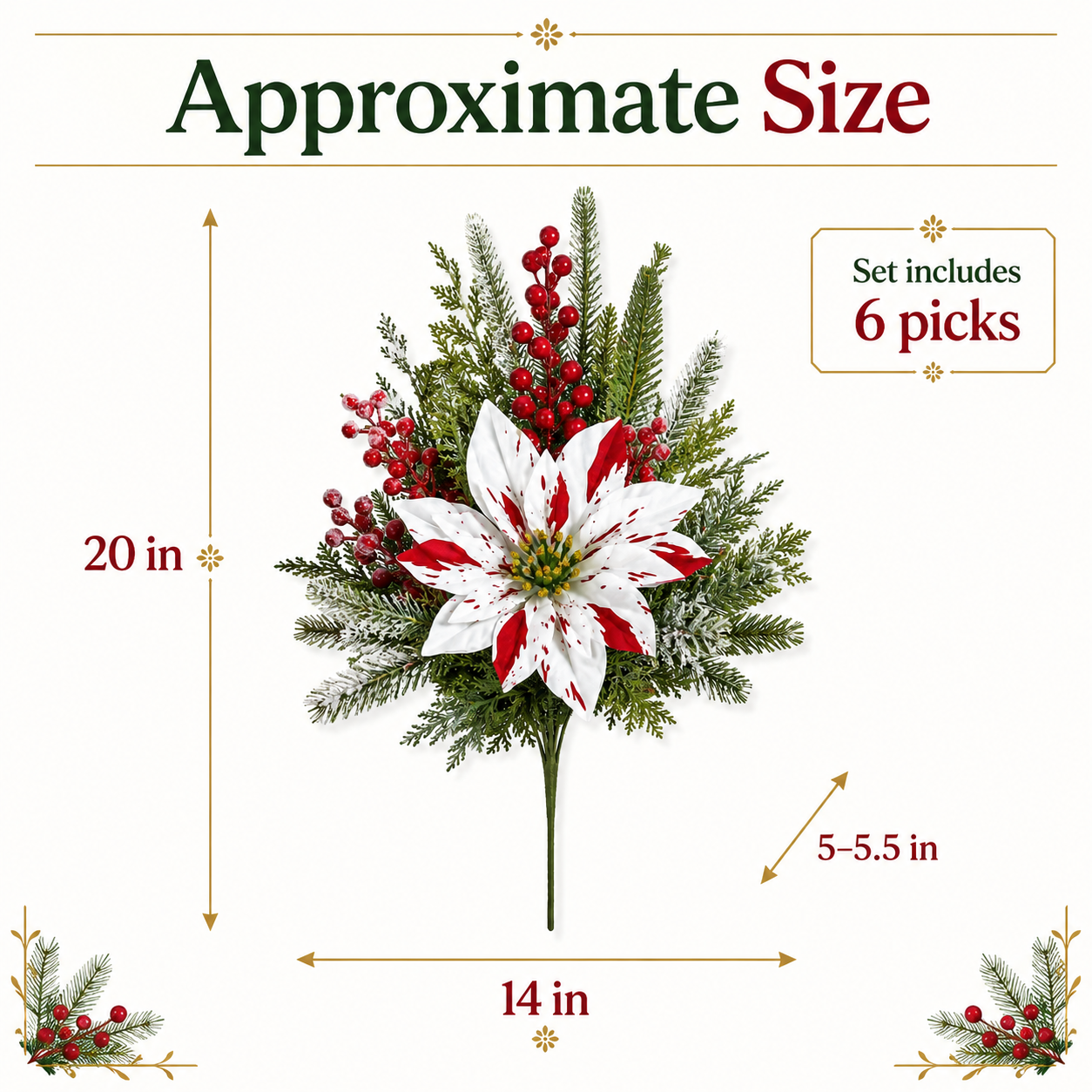 Christmas Poinsettia Planter Inserts – Set of 6 Red & White Holiday Floral Picks