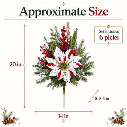 Christmas Poinsettia Planter Inserts – Set of 6 Red & White Holiday Floral Picks