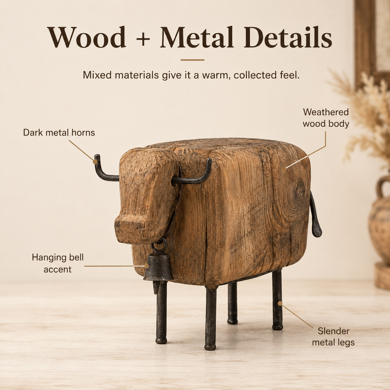 Vintage Wooden Cow Figurine with Metal Bell