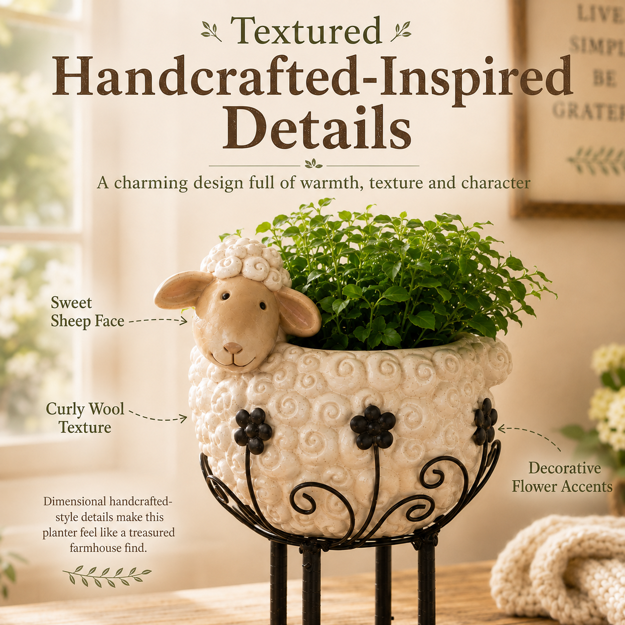 🐑✨Cute Farmhouse Sheep Planter with Iron Stand