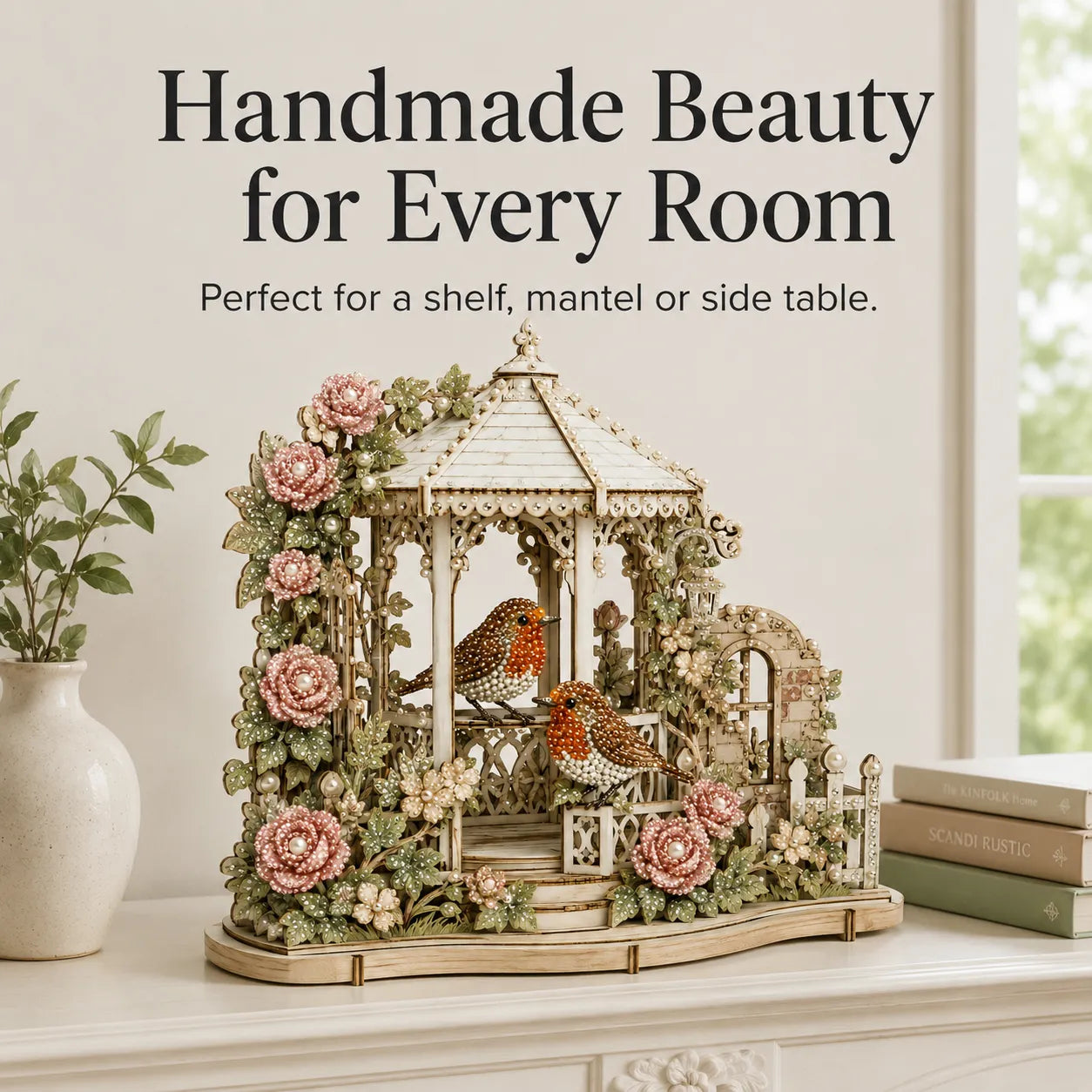 🐦3D Pearl & Diamond Art DIY Kit｜Vintage English Garden Gazebo Wooden Craft Kit