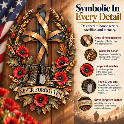 Never Forgotten Veterans Memorial Cross Door Hanging – Poppy & Boots Tribute Decor