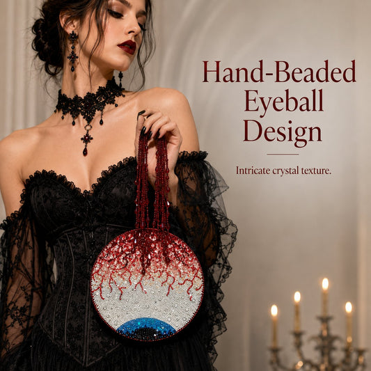 Hand-beaded round handbag featuring a bloodshot eyeball design.