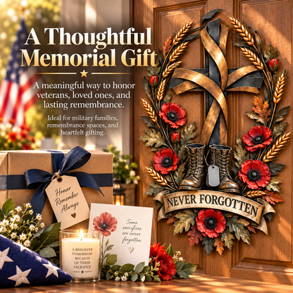 Never Forgotten Veterans Memorial Cross Door Hanging – Poppy & Boots Tribute Decor