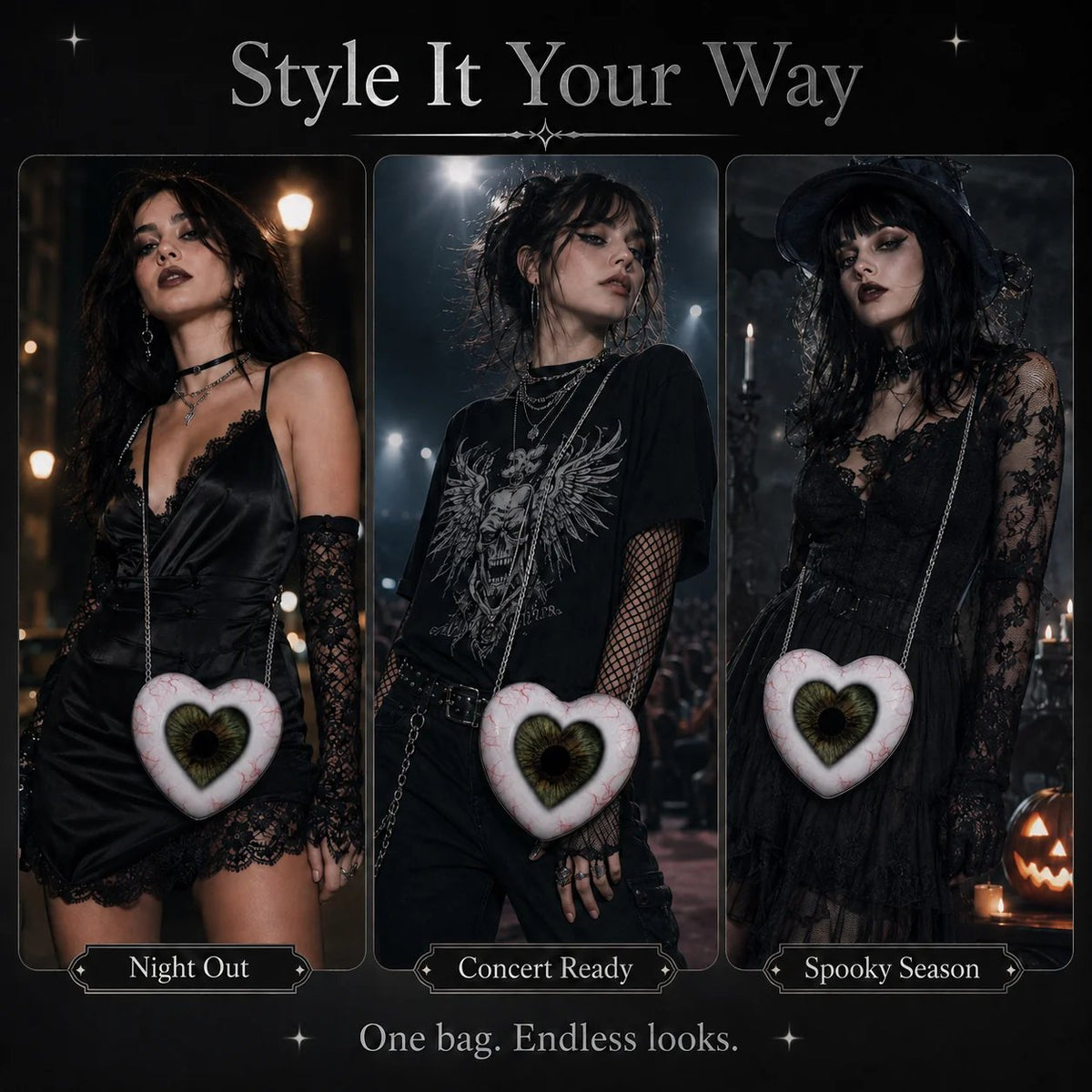 Gothic Heart Eye Crossbody Bag – Chain Statement Purse
